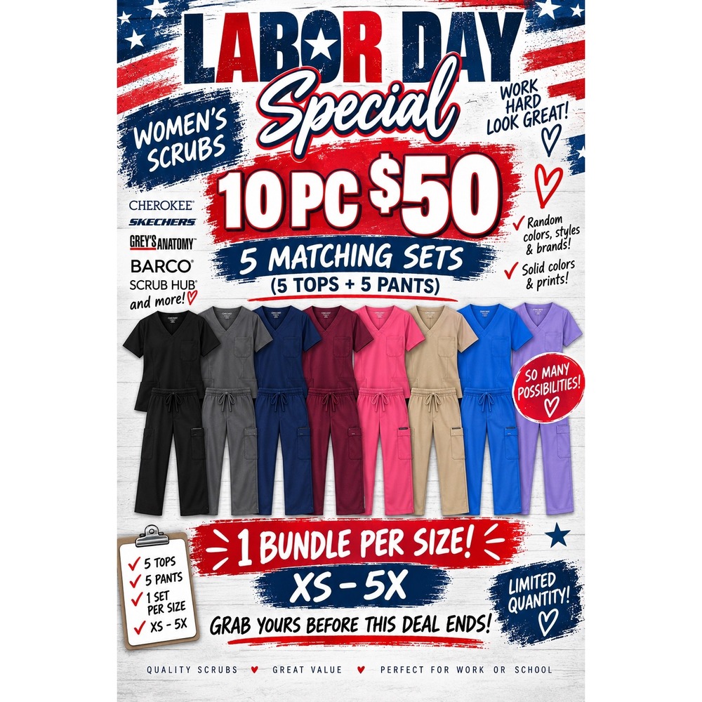 Lot of 10 New Random Medical Scrubs 5 Tops 5 Bottoms Set XXXL Red Blue Grey